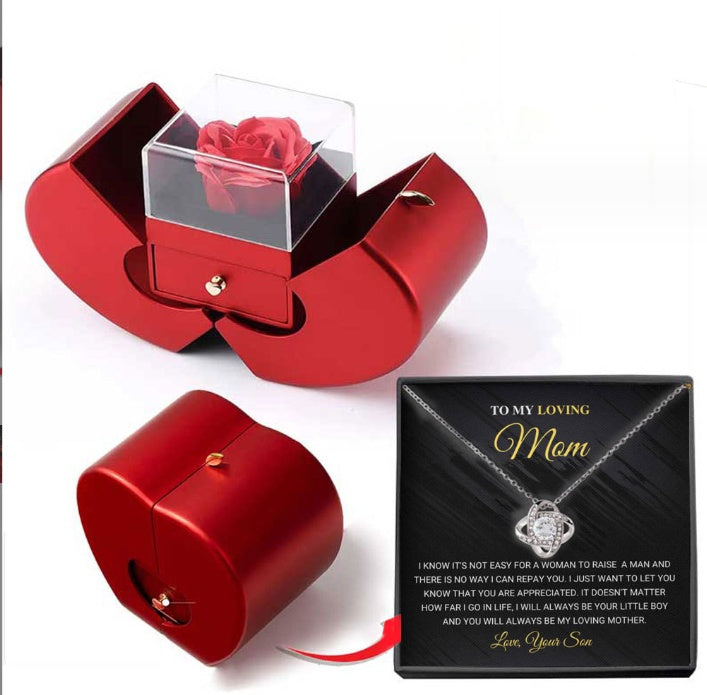Joyero de moda con forma de manzana roja, regalo de Navidad, collar con rosa eterna para niña, regalo para el Día de la Madre y San Valentín con flor artificial, joyero con rosa.