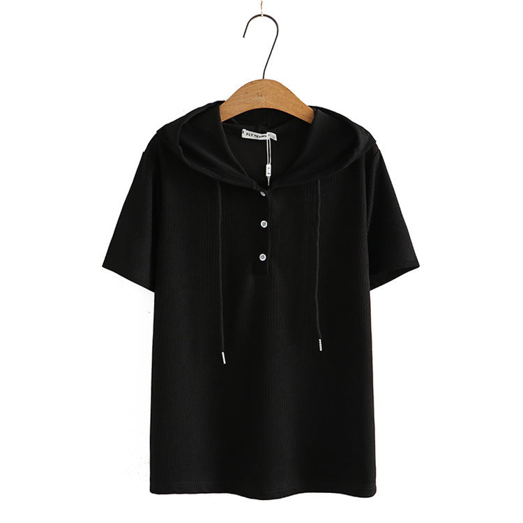 Women's Fashionable Simple Short-sleeved Shirt Loose Sunken Stripe Hooded Knitted T-shirt