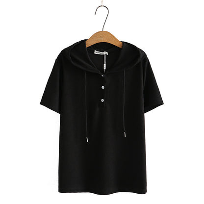 Women's Fashionable Simple Short-sleeved Shirt Loose Sunken Stripe Hooded Knitted T-shirt