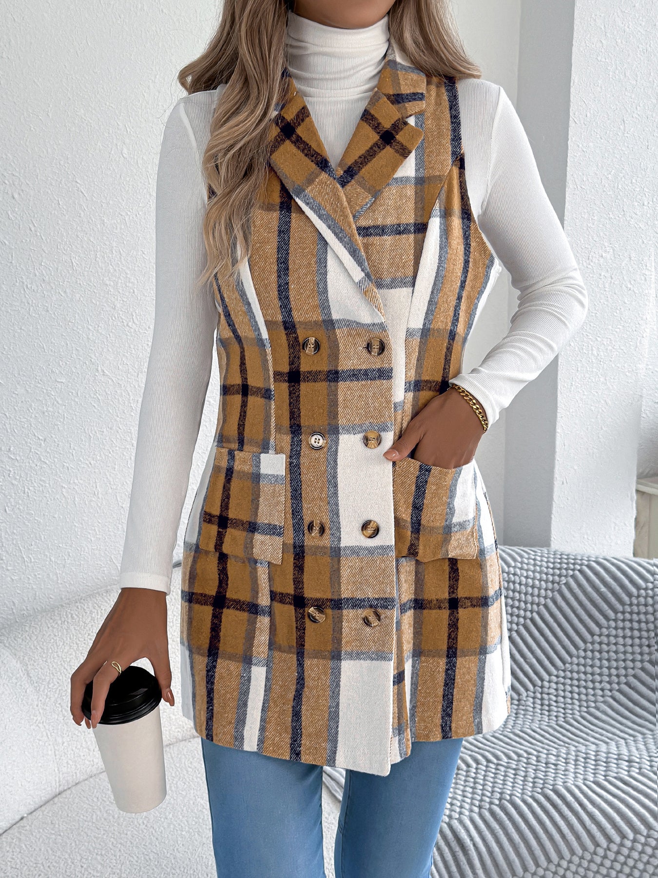 Women's Plaid Double-Breasted Pocket Tweed Long Vest