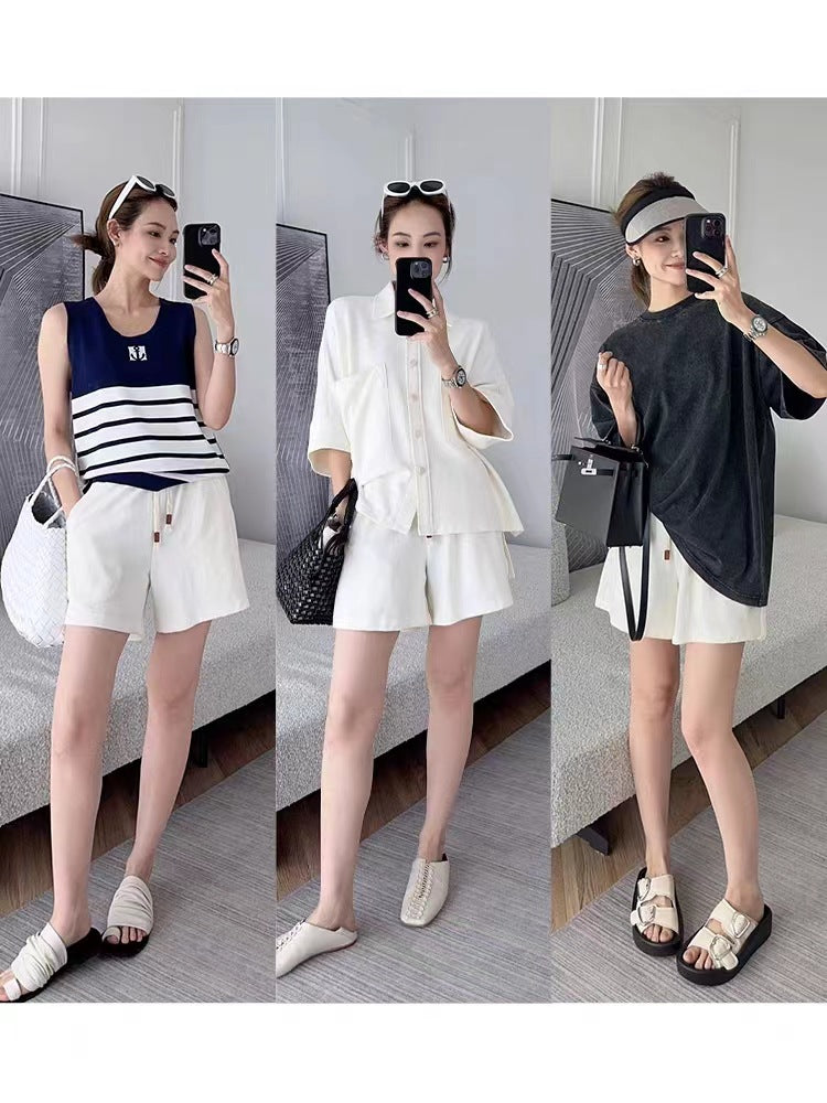 Camisa de algodón con bolsillos grandes, cintura elástica y pantalones cortos de pierna ancha