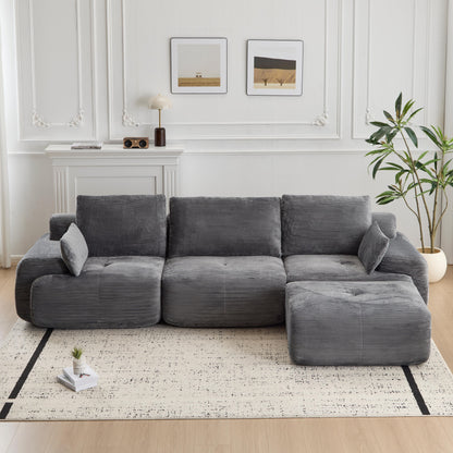 Modern Memory Foam Compressed Sofa,Large Sectional Couches For Living Room,Pet-Friendly Cloud Modular Sectional Sofa,Corduroy Fabric,Extra Deep Loveseat,No Assembly Required,GREY
