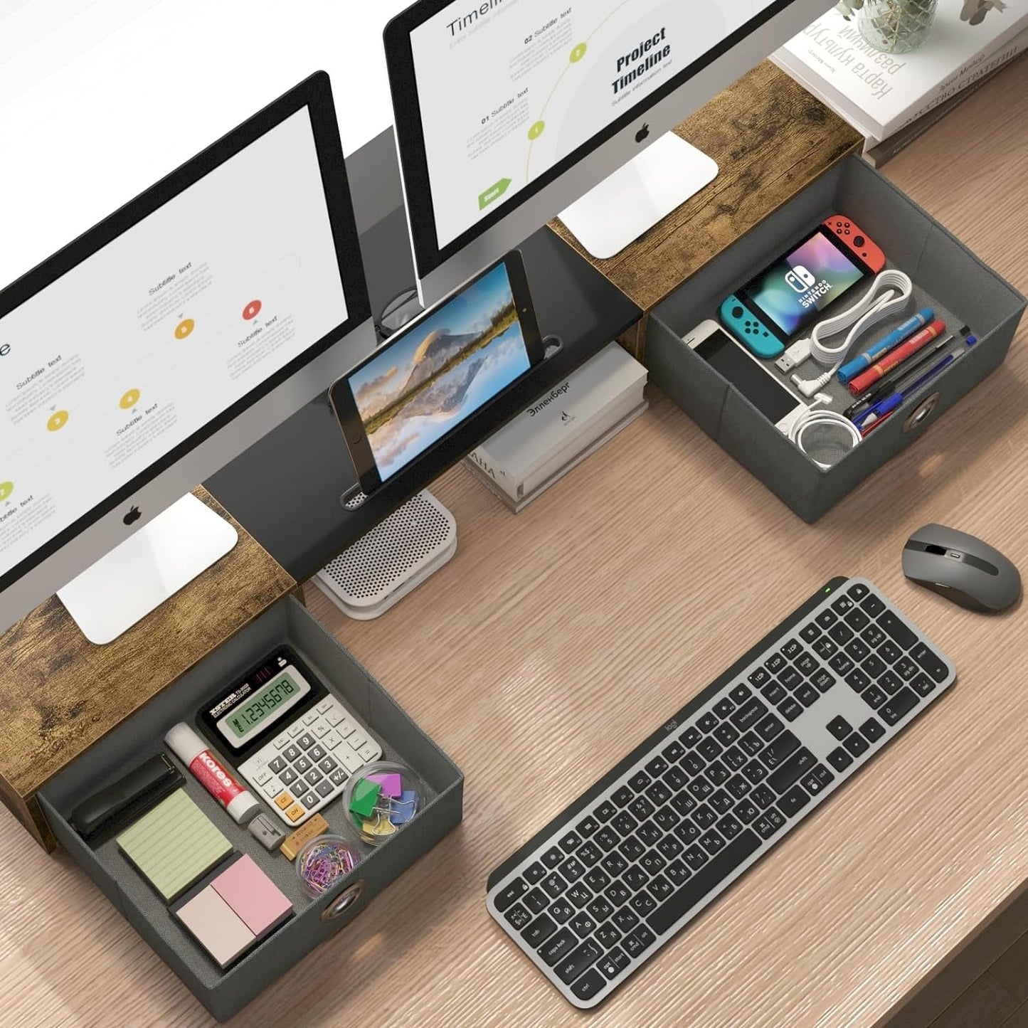 Dual Monitor Stand Riser For Two Monitors With Two Drawers