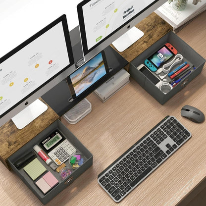 Dual Monitor Stand Riser For Two Monitors With Two Drawers