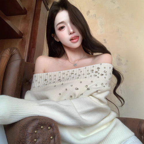 Heavily Embellished With Rhinestones Long-sleeved Pullover Sweater