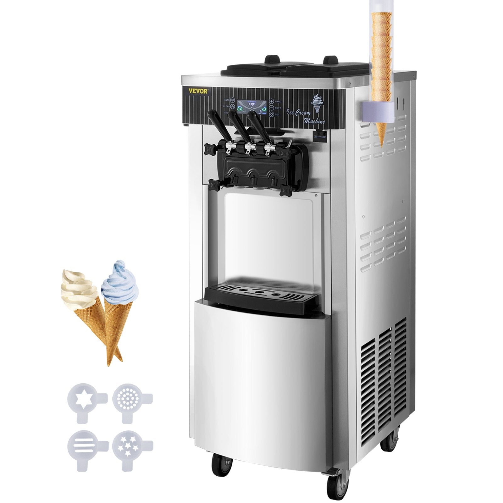 Máquina comercial para hacer helado suave, 2200 W, yogurtera, 3 sabores, de 5.3 a 7.4 galones por hora, pantalla LCD autolimpiable, ideal para restaurantes y cafeterías, acero inoxidable.