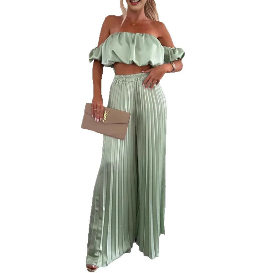 Traje de pantalón ancho con top de tubo de satén para mujer