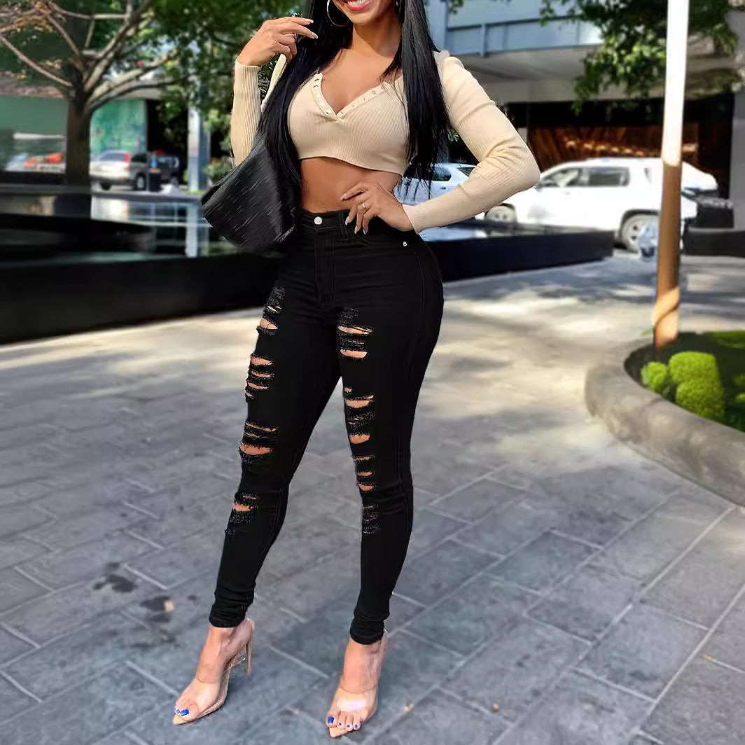 Nuevos jeans negros rotos para mujer