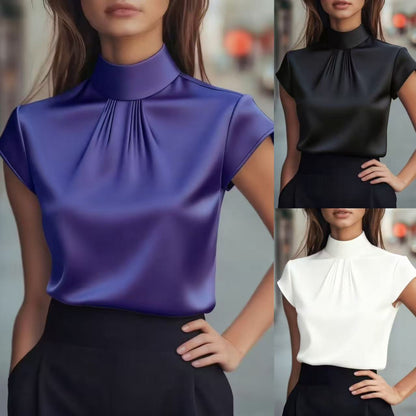 Womens Solid-color Satin Top With A Pleated Design And Short Sleeves