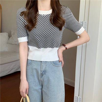 Womens Retro Plaid Color-Block Short-Sleeve Top