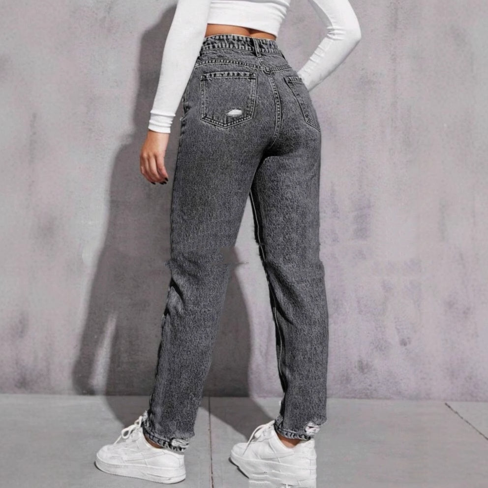 Vaqueros desgastados y desgastados para mujer, estilo casual, estilo europeo y americano, con nueve partes en la pantorrilla.