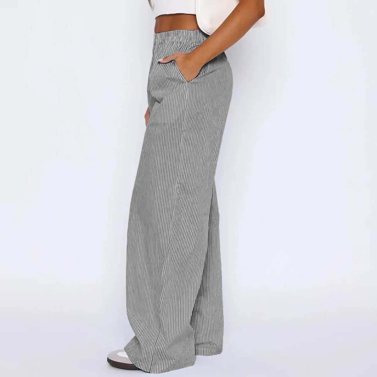 Pantalones a rayas con bolsillos, pantalones casuales de pierna ancha y rectos para mujer.