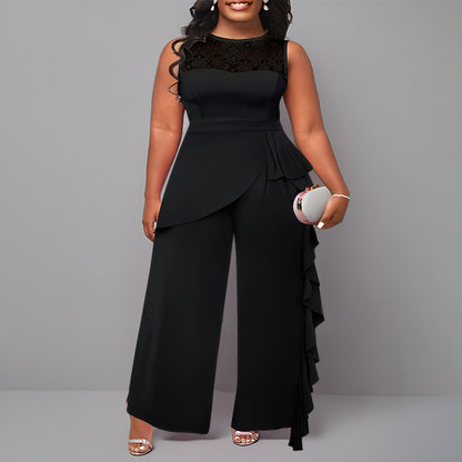 Solid-color Elegant Patchwork Loose-fitting Straight-leg Jumpsuit