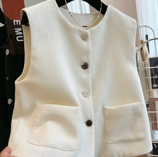 Chaleco de cuello redondo estilo francés, prenda exterior de temperamento, vestido de vendaje sin mangas