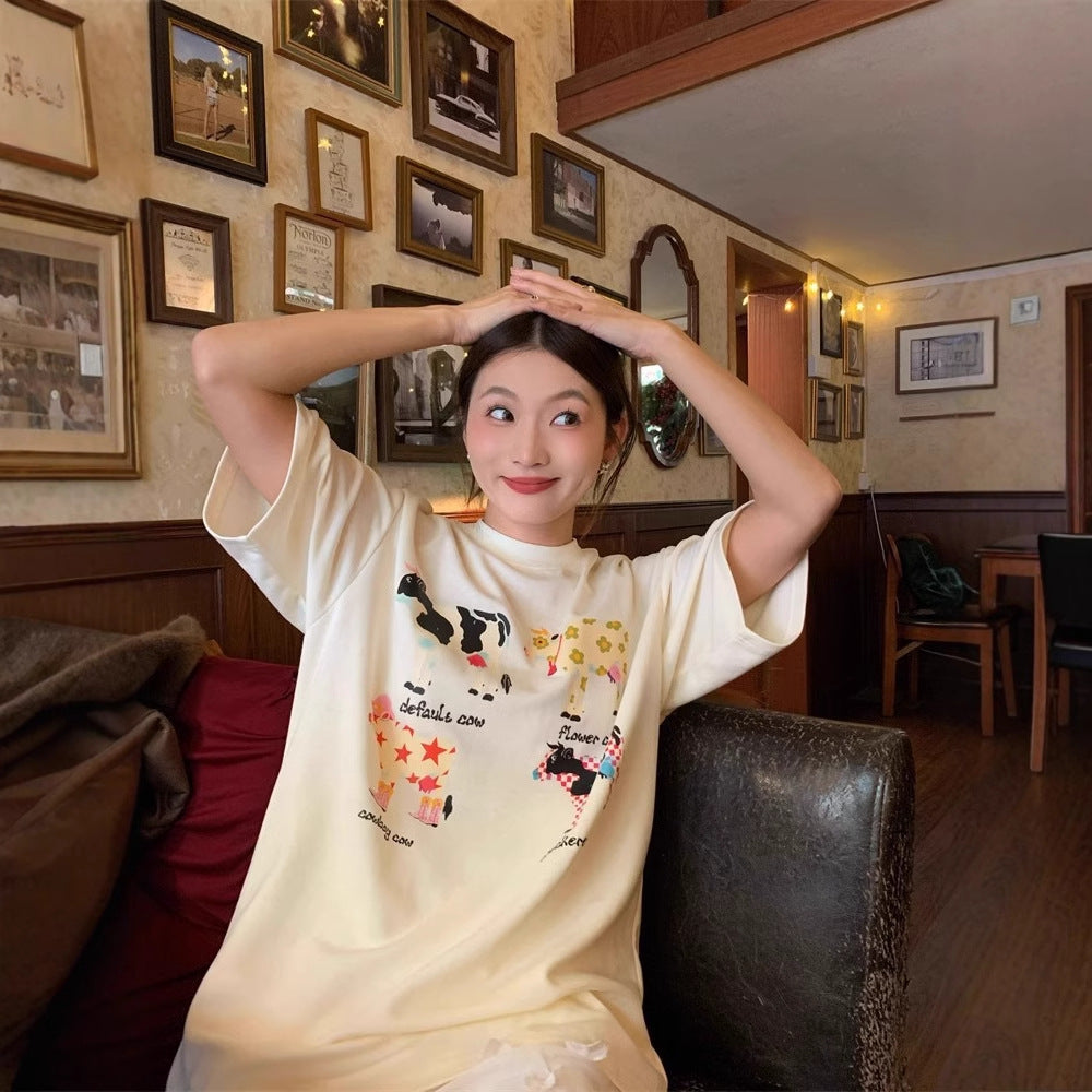 بلوزة فضفاضة متعددة الاستخدامات، مطبوعة برسومات كرتونية أمريكية قديمة، بنسخة كورية.