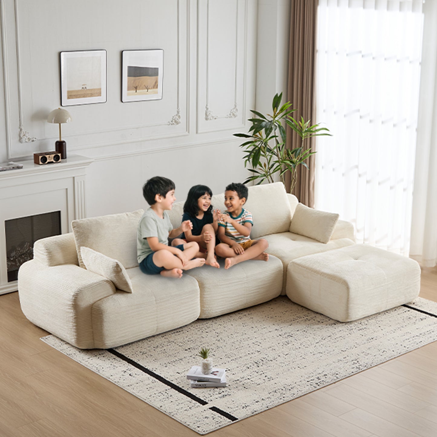 Modern Memory Foam Compressed Sofa,Large Sectional Couches For Living Room,Pet-Friendly Cloud Modular Sectional Sofa,Corduroy Fabric,Extra Deep Loveseat,No Assembly Required, BEIGE