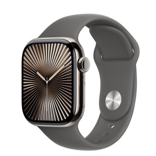 Smartwatch Apple Watch Series 10, celular, 42 mm, carcasa din titan natural, curea sport gri piatra, M/L (APPLE-MWXE3QH)
