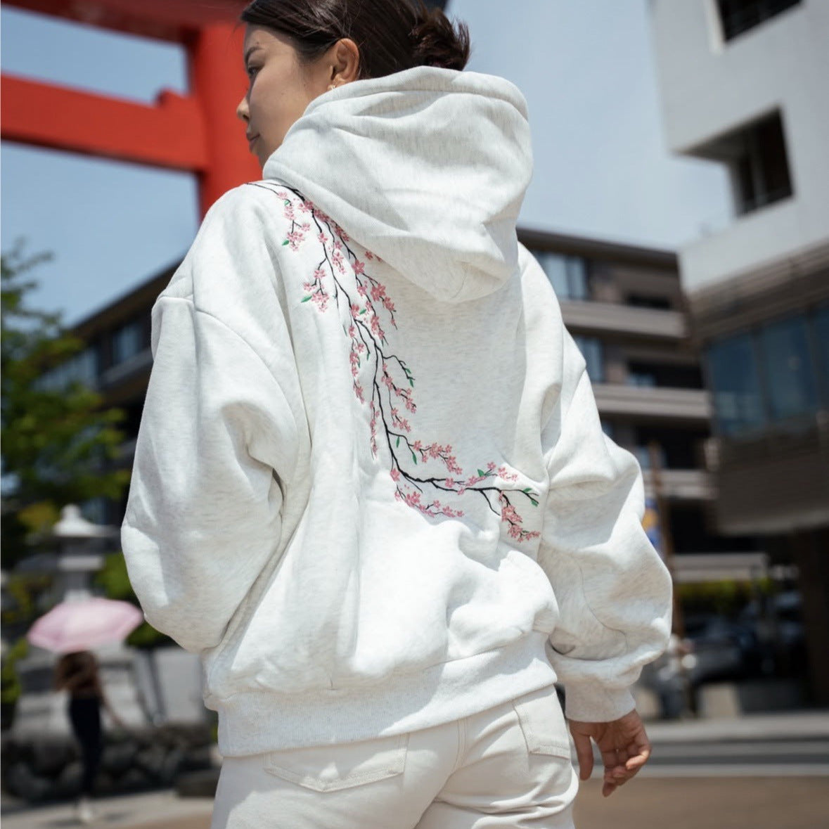 Suéter con capucha de flor de cerezo para hombre y mujer, estilo hip hop callejero retro, estilo europeo y americano, para otoño e invierno