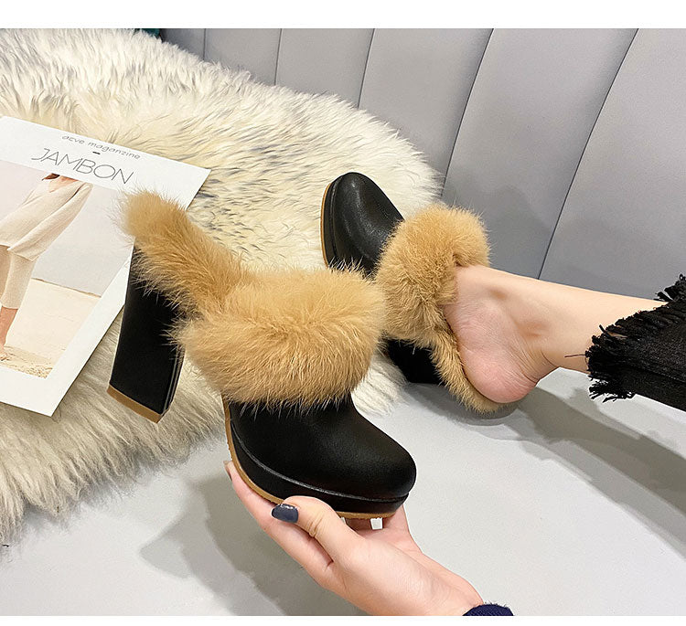 Pantuflas mullidas para mujer con tacón grueso y forro polar.