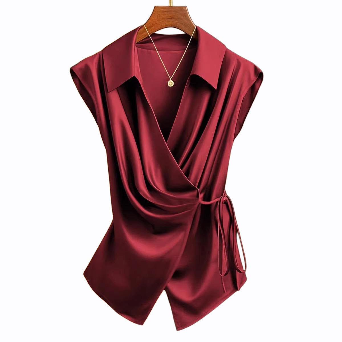 Top informal de satén de color liso para mujer con diseño de lazo con cordones