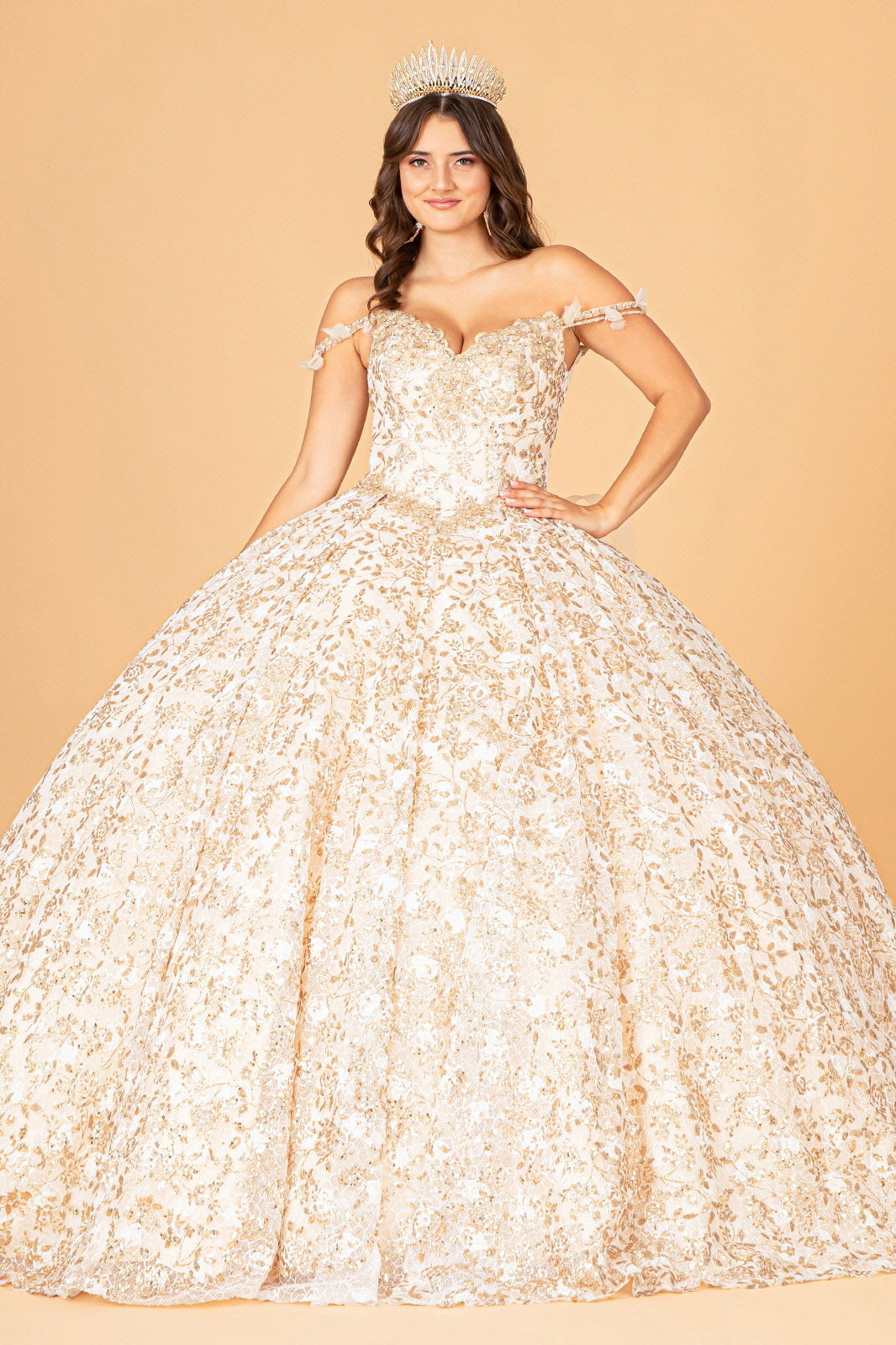 Vestido de quinceañera de malla con mangas largas desmontables, cinta desmontable y cola con volantes