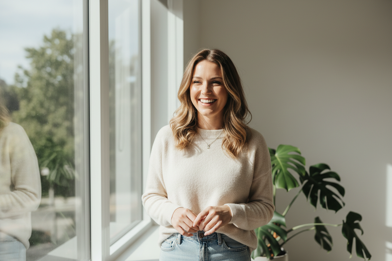 Happy customer portrait, professional lifestyle photo, natural lighting, clean background