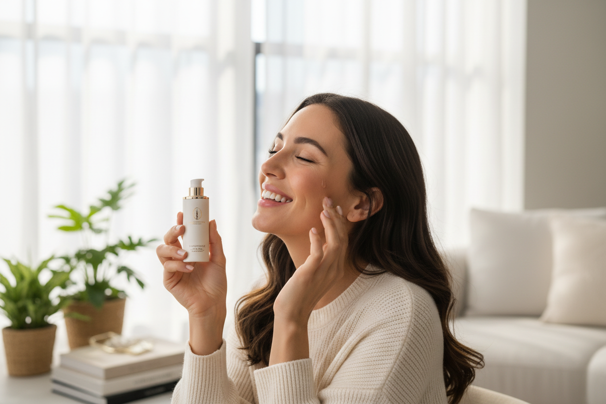 Happy customer using beauty product, lifestyle photo, soft lighting