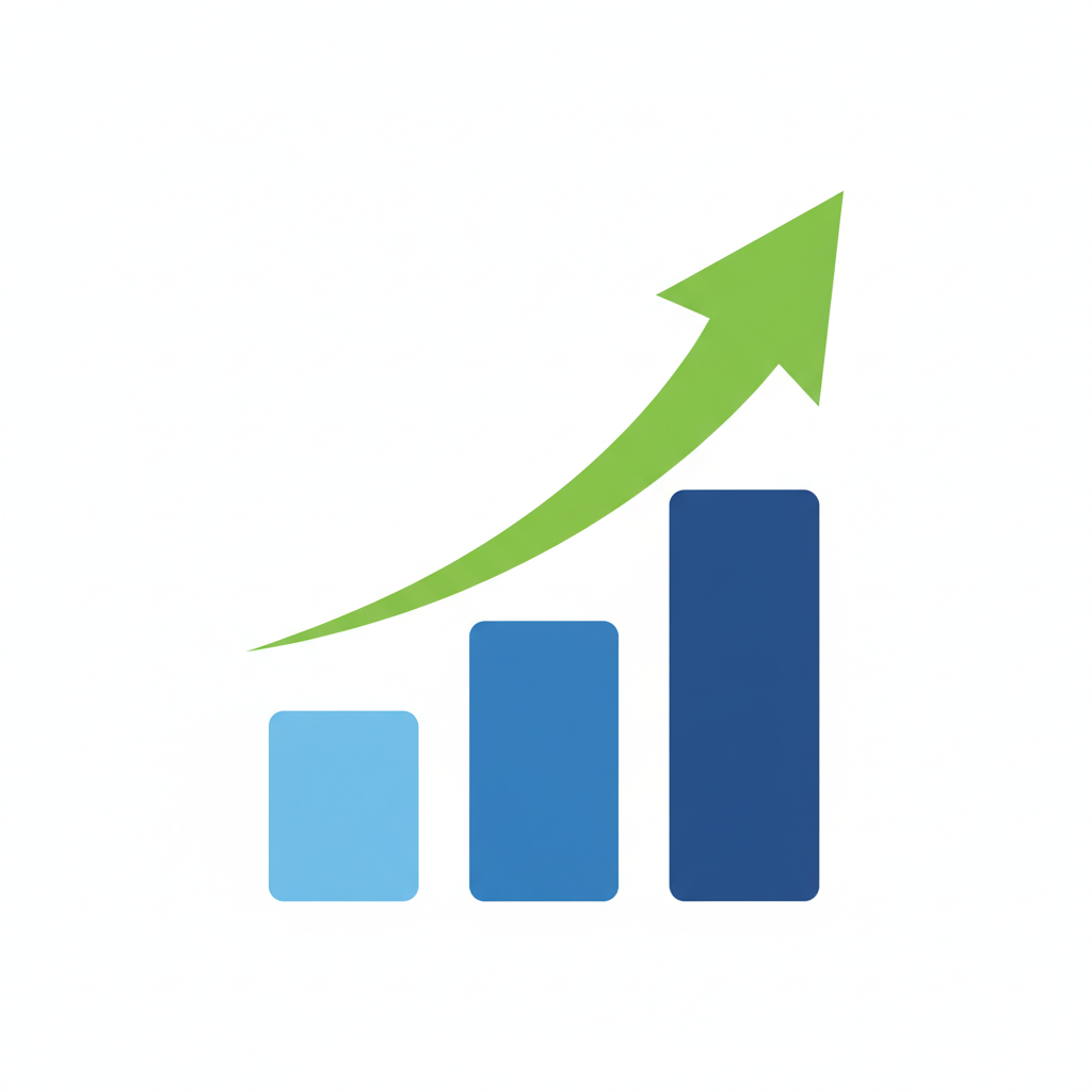Modern revenue growth icon with bar chart and upward arrow, flat professional design, transparent background
