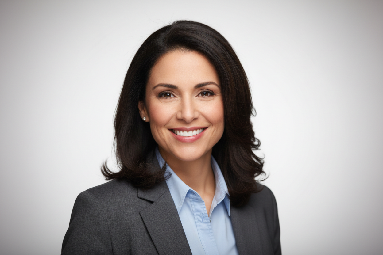 Satisfied customer portrait, professional look, clean background