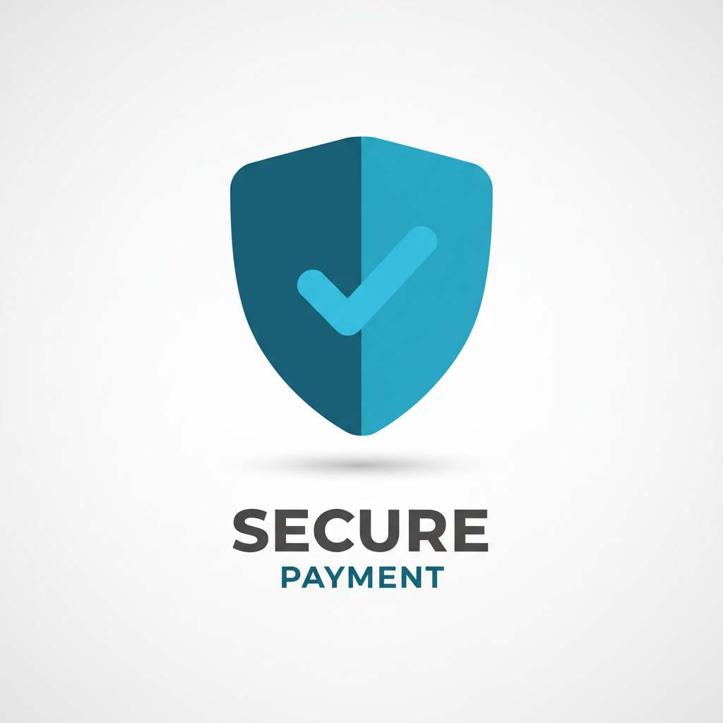 Secure payment icon with shield and checkmark, modern flat design, clean background
