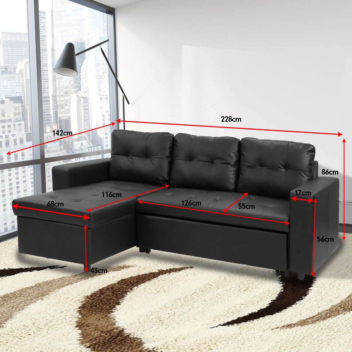 NNEDPE Sarantino Corner Sofa Bed Storage Chaise Couch Faux Leather Black