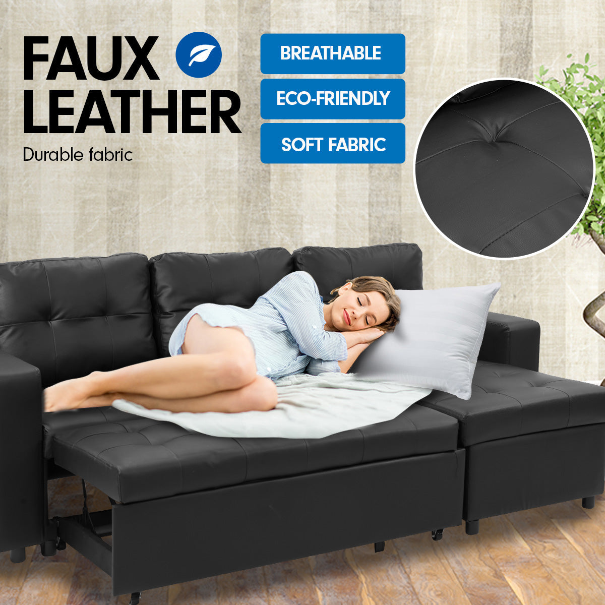 NNEDPE Sarantino - Sofá cama esquinero con almacenamiento, chaise longue de piel sintética, color negro