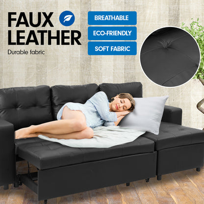 NNEDPE Sarantino Corner Sofa Bed Storage Chaise Couch Faux Leather Black
