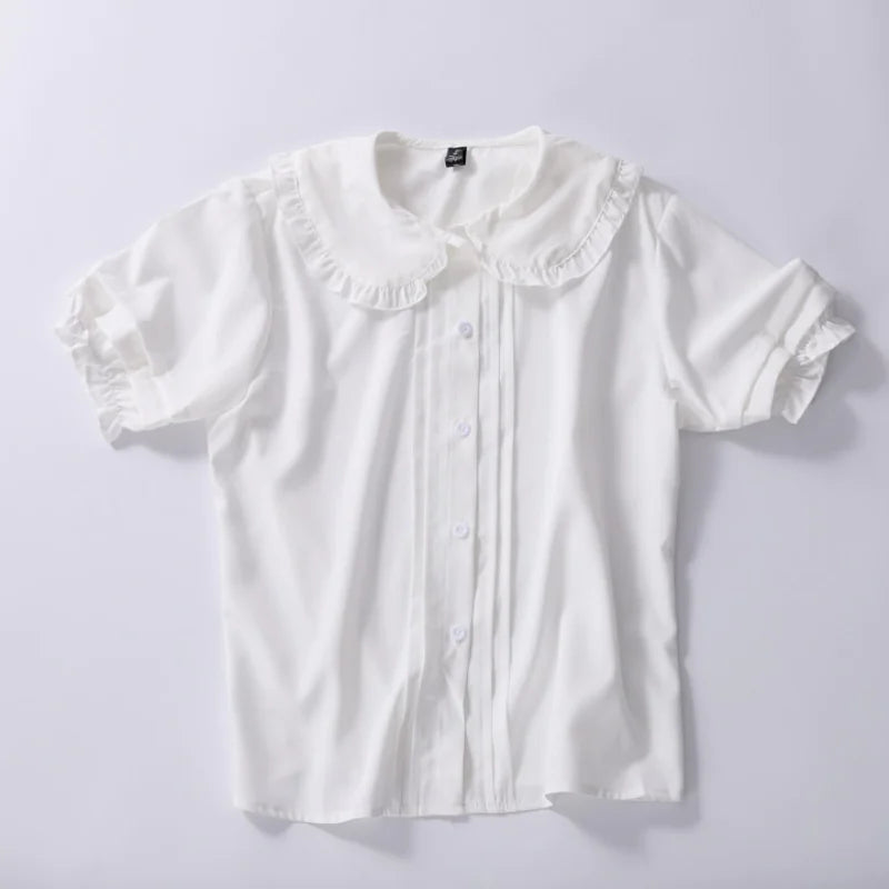 Blusa de manga corta con volantes estilo universitario para mujer